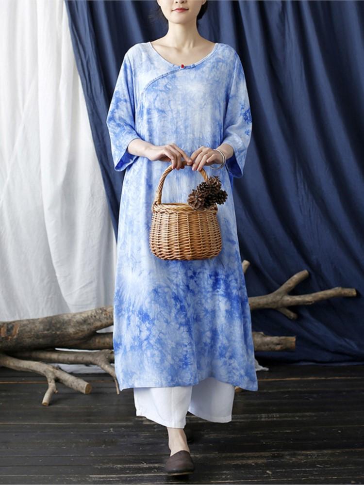 Johnature Spring Chinese Style Tie Dye Dress For Women Seven Sleeve Robes Blue Women Vintage Dresses