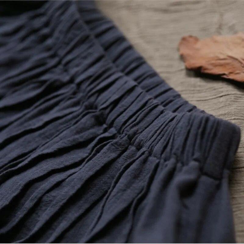 Johnature Women Black Gray Vintage Skirts Elastic Waist Autumn Loose Women A-Line Cotton Linen Skirts