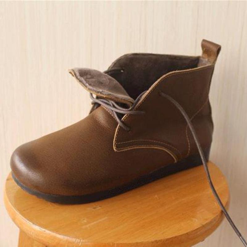 Ankle Women Boots Genuine Leather Ladies Shoes Lace-Up Handmade Sewing Round Toe Platform Boots