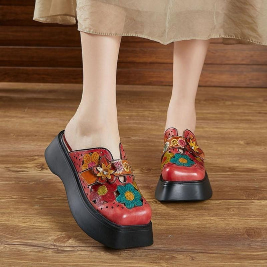 Johnature Genuine Leather National Style Hand-painted Slippers Outside Wedges Slides Women Platform Shoes