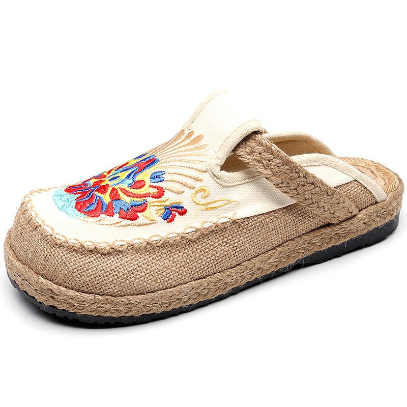 2024 New Slides Embroider Flat With Women Shoes National Style Linen Leisure Ladies Slippers
