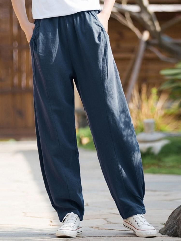 Johnature Women Vintage Linen Striped Pants Solid Color Pockets Ramie Elastic Waist Loose Trouser Spring Female Long Pants