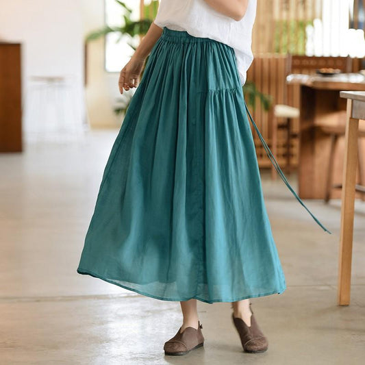 Johnature Women High Waist Ramie Skirts Solid Color Belt Elastic Waist Summer Soft High Quality Women Skirts