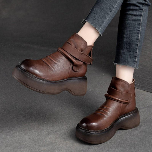 Johnature Retro Pleated Thick soled Women Short Boots Genuine Leather Back Zipper Casual Platform Shoes