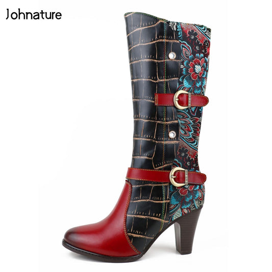 Genuine Leather Platform Boots Zip Women Shoes Print Round Toe Short Plush Sewing Women Boots
