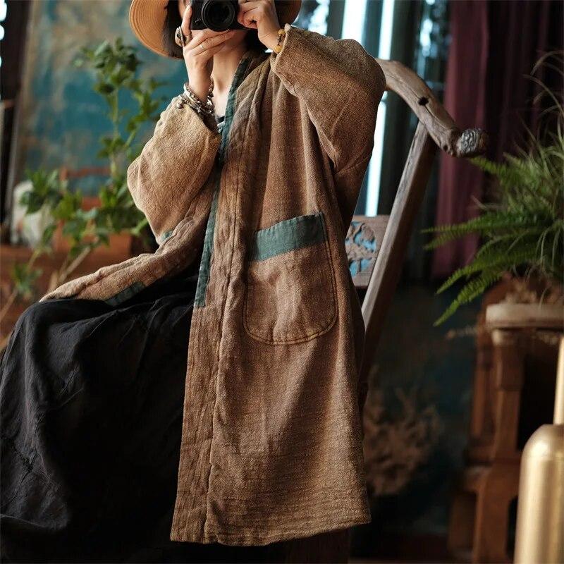 Johnature Women Vintage Cotton Linen Parkas Patchwork Color Pockets Winter Coats Chinese Style Warm Plus Cotton Parkas