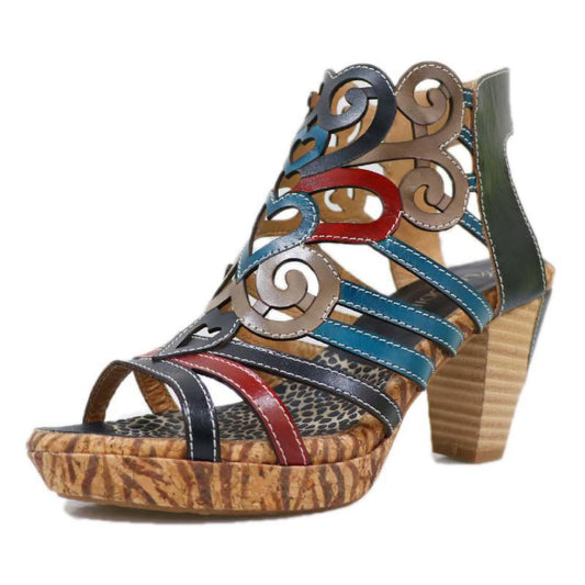 Women Sandals Genuine Leather Hook & Loop Mixed Colors Retro Sewing Casual High Heels Women Shoes