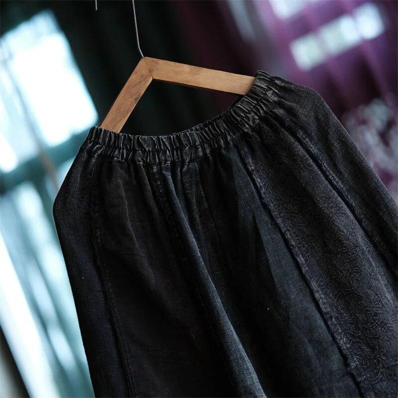 Johnature Women Black Autumn A-Line Skirts Elastic Waist Patchwork Cotton Linen Vintage Clothes Women Skirts