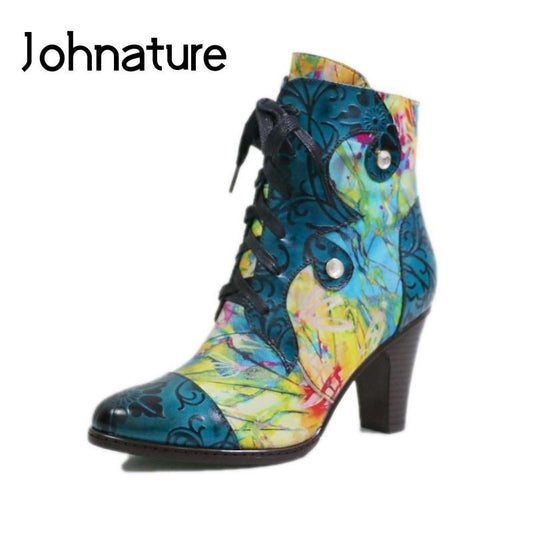 Hand-painted Genuine Leather Ankle Boots Women Shoes Pointed Toe Square Heel Cross-tied Women Boots