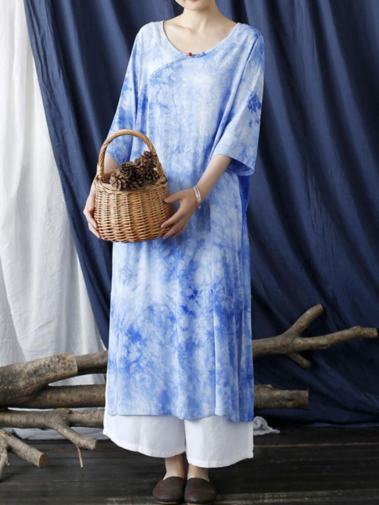 Johnature Spring Chinese Style Tie Dye Dress For Women Seven Sleeve Robes Blue Women Vintage Dresses
