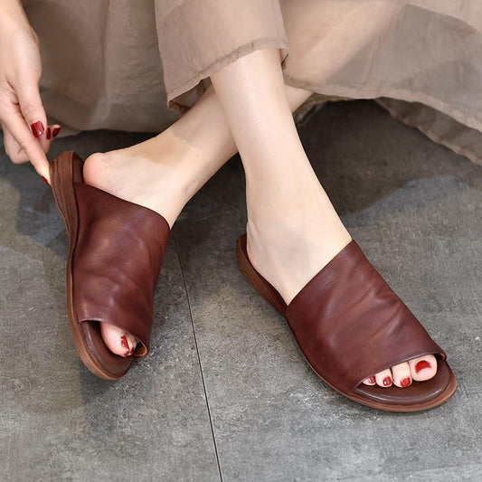 Johnature Outdoor Slippers Women Genuine Leather Retro Slides Retro Versatile Peep Toe Handmade Flat Shoes