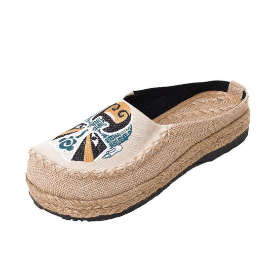 Handmade Embroidery Round Toe Totem Shallow Outside Casual Linen Cotton Shoes Woman Slippers Slides