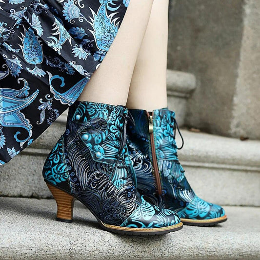 Johnature Retro Genuine Leather Printed Heels Fashion Lace Up Comfortable Women's Short Boots