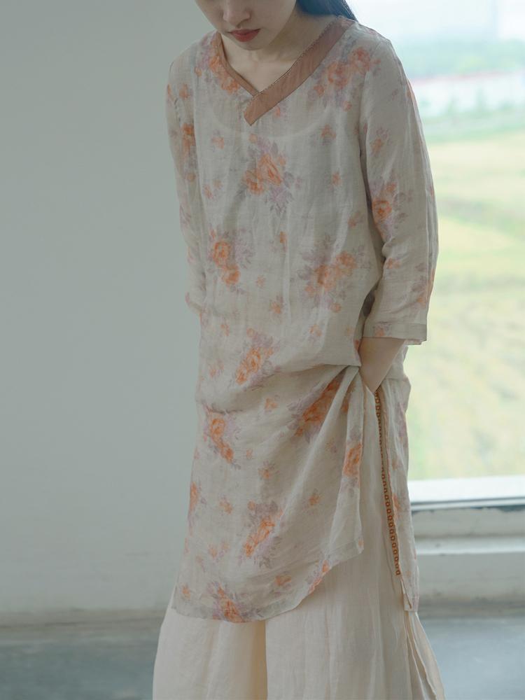 Johnature Women Vintage Ramie Dresses Seven Sleeve Cheongsam Autumn High Quality High Slit Female Dress