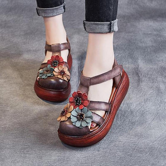 Genuine Leather 2024 New Summer Women Shoes Buckle Strap Retro Wedges Casual Platform Sandals