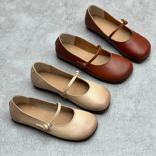 Johnature Handmade Genuine Leather Flat Shoes Square Toe Soft Sole Comfortable Versatile Shallow Cowhide Women's Shoes