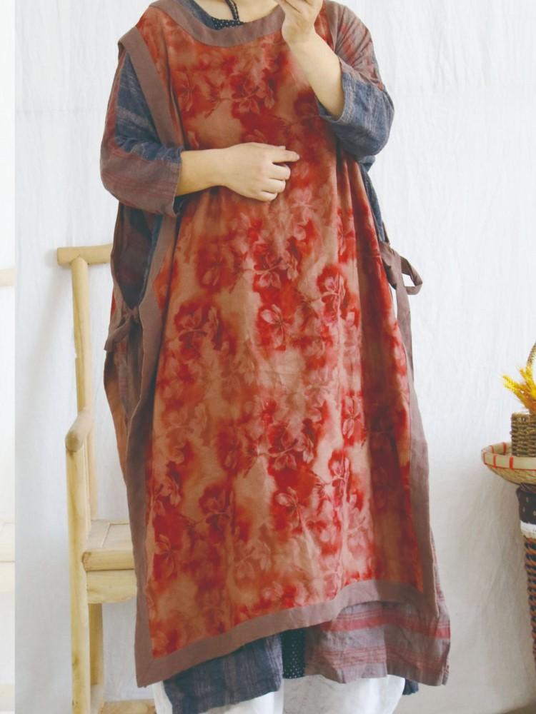 Johnature Women Vintage Linen Sleeveless Dresses Print Floral Loose Robes Summer High Quality Female Dresses