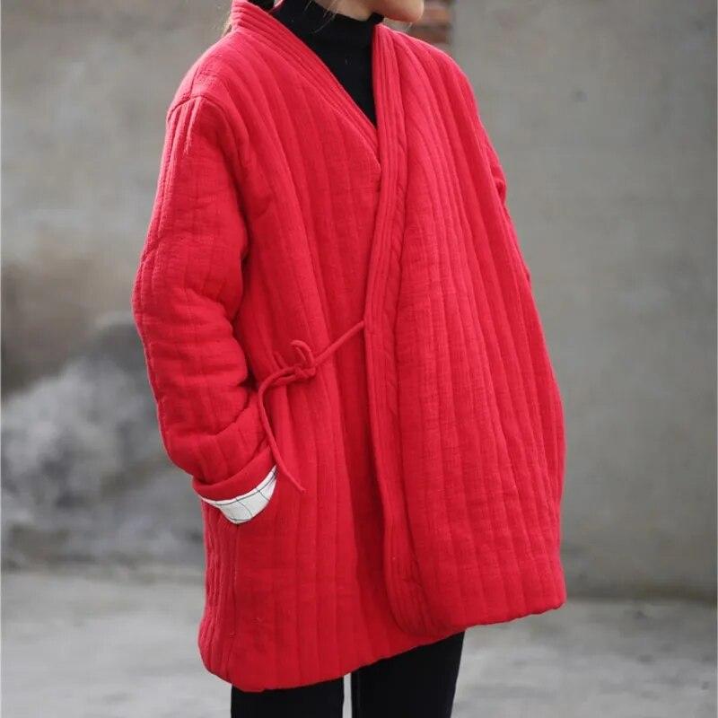 Johnature Women Chinese Style Belt Parkas V-Neck Long Sleeve Plus Cotton Coats Solid Color Clothes Winter Vintage Parkas