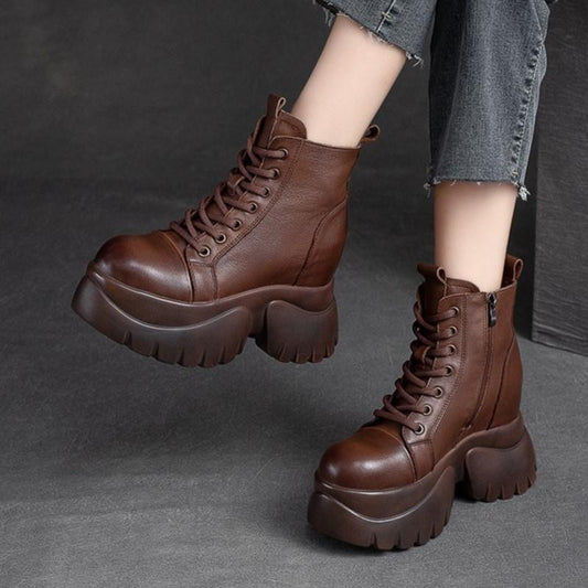 Johnature Genuine Leather Thick Sole Women Boots Retro Round Toe Side Zipper Wedges Platform Shoes