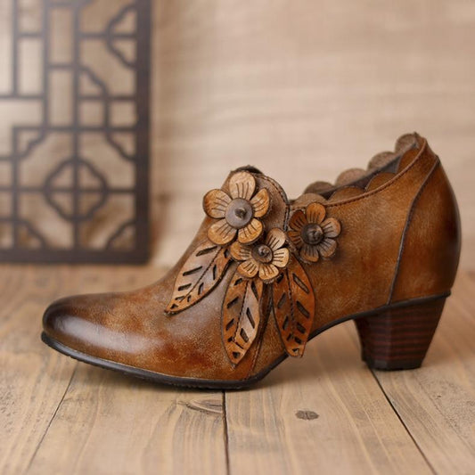 High Heels Genuine Leather Women Shoes Zip Retro Casual Round Toe Flower Handmade Ladies Shoes