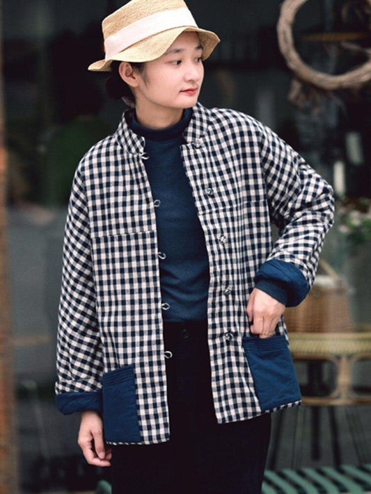 Johnature Retro Plaid Patchwork Pocket Warm Thick Coat Autumn Winter Cotton Linen Comfortable Women Jacket