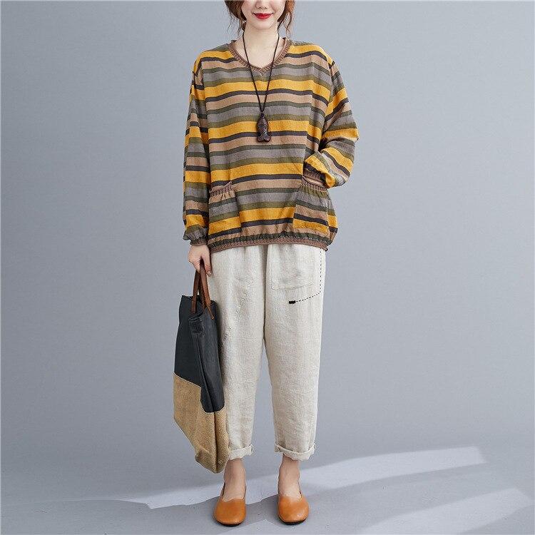 Johnature Casual Striped Women Sleeve Loose All-match Pockets Tops T-Shirts