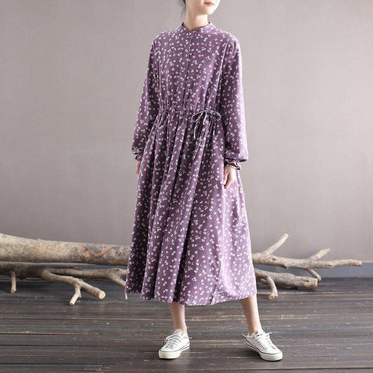 Johnature Women Vintage Loose Dresses Stand Print Floral Long Sleeve Belt Button Dress Spring Distressed Casual Clothes