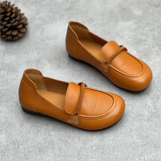 Johnature Handmade Loafers Genuine Leather Flat Shoes Round Toe Soft Sole Casual Cowhide Women's Shoes