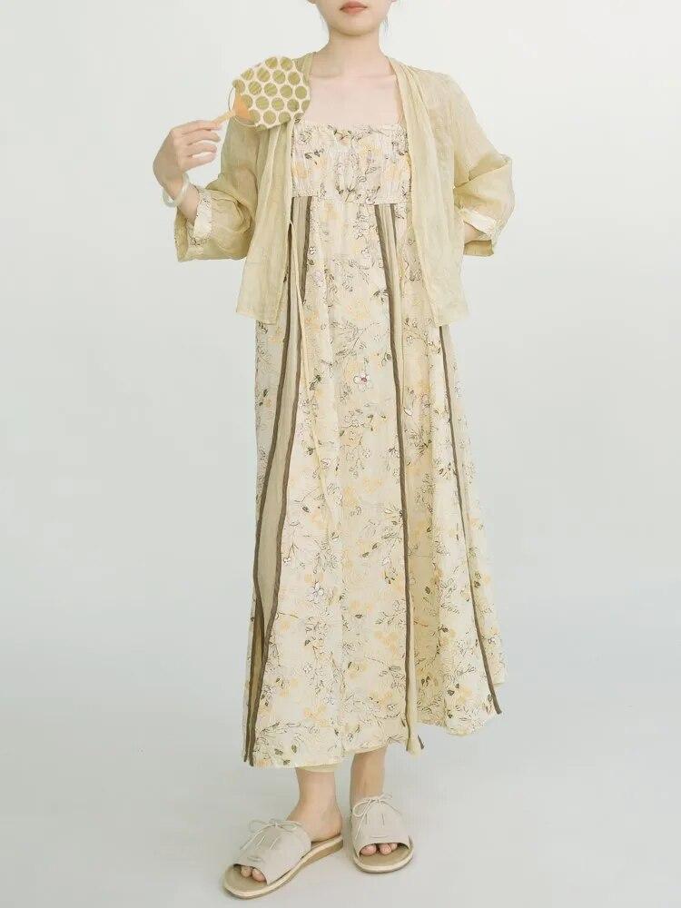 Johnature Women Vintage Print Floral Dress Sleeveless Chinese Style Slash Neck Summer Patchwork High Quality Women Dress