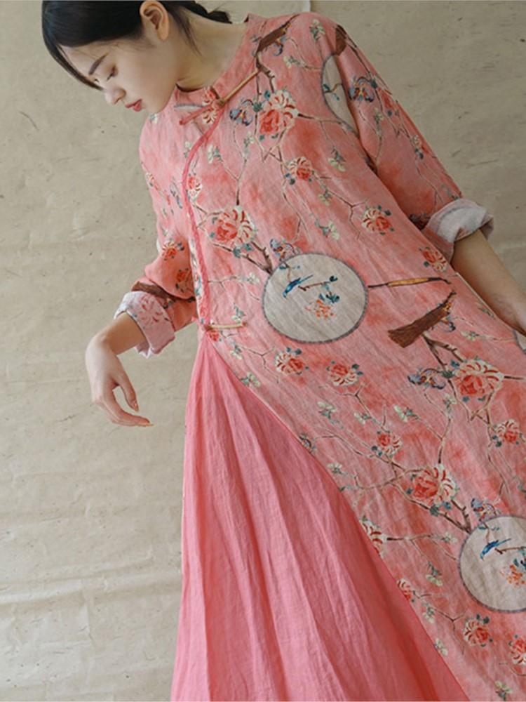 Johnature Women Retro Fashion Print Stand Plate Buckle Cheongsam Dresses Summer Cotton Linen Three Quarter Sleeve Dress