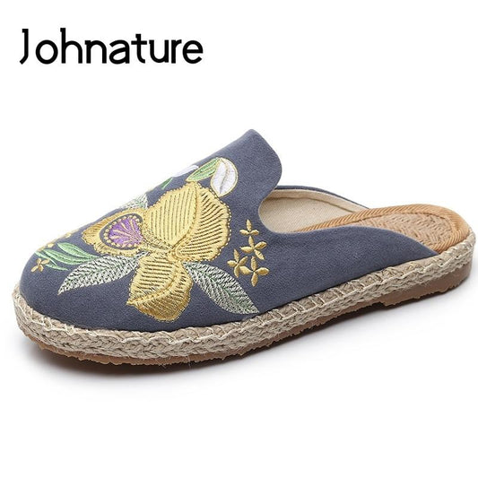 Canvas Shoes Floral New Summer Outside Embroider Flat With Slides Totem Slippers Women Sandals