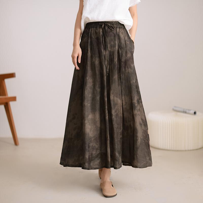 Johnature Women Chinese Style Elastic Waist Skirts Print Floral Summer Ramie Women Vintage A-Line Skirts