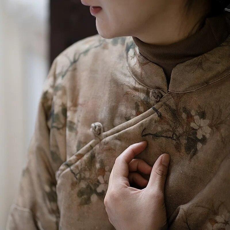 Johnature Women Chinese Style Print Floral Parkas Stand Long Sleeve Coats Winter Linen Button Belt Women Warm Parkas
