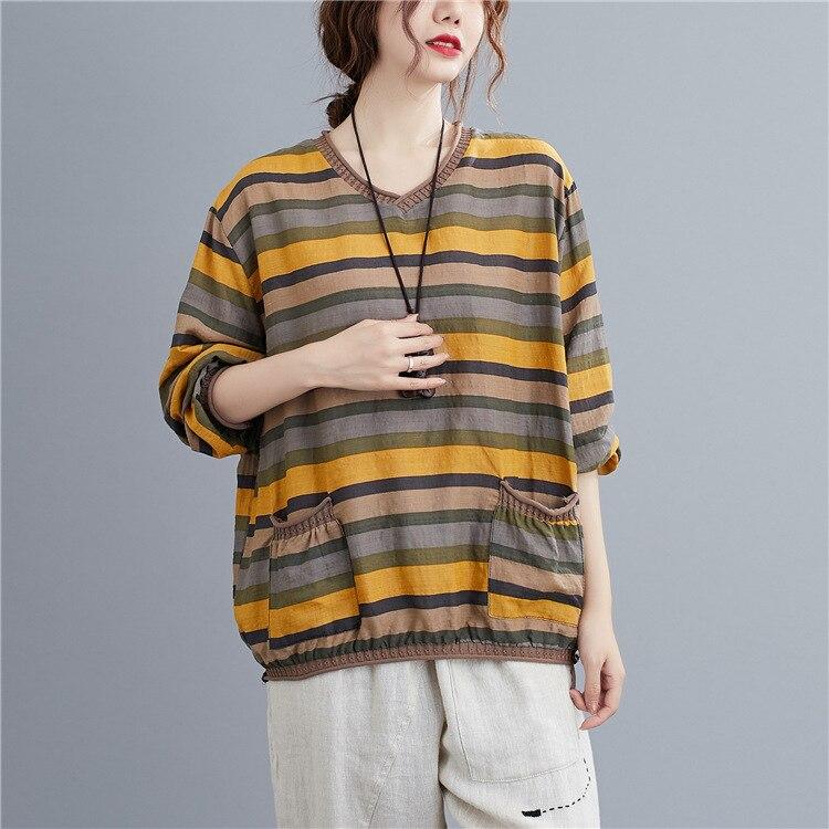 Johnature Casual Striped Women Sleeve Loose All-match Pockets Tops T-Shirts