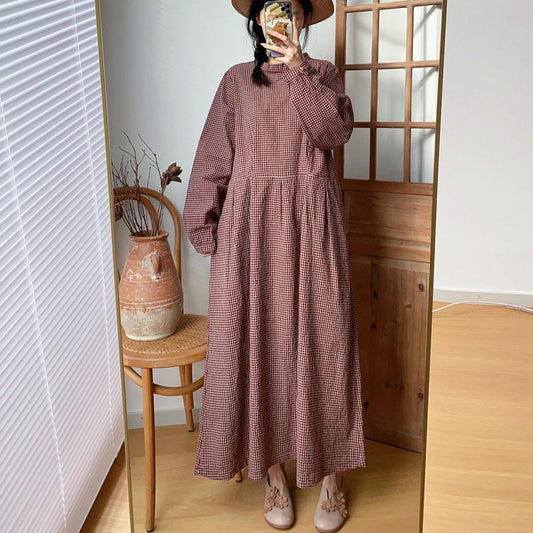 Johnature Spring Cotton Linen Japanese Plaid Dresses Vintage Loose Simple All Match Bandage Women Dress