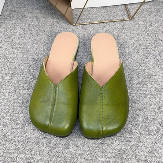 Johnature Genuine Leather Flat Slippers Handmade Retro Round Toe Outside Slides Sandals Women Soft Sole Shoes