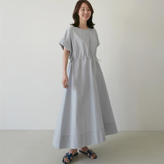 Johnature Women Korean Drawstring Dresses Summer Casual Loose Short Sleeve Female Dress