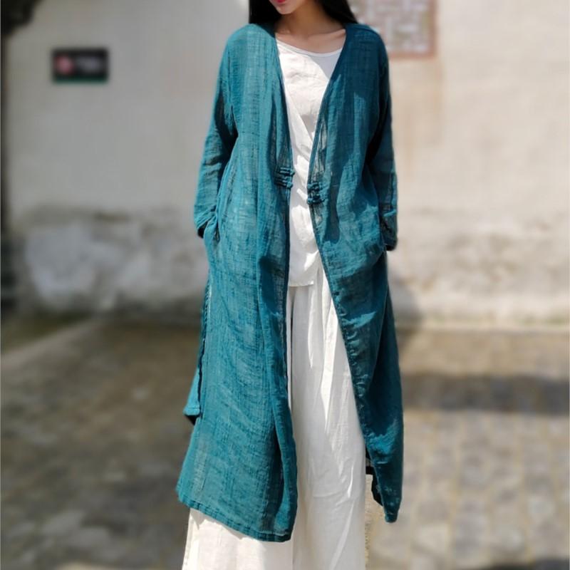 Johnature Spring Summer Women Fashion Vintage Solid Color Casual Long Coat Cotton Long Sleeve V-Neck Coat