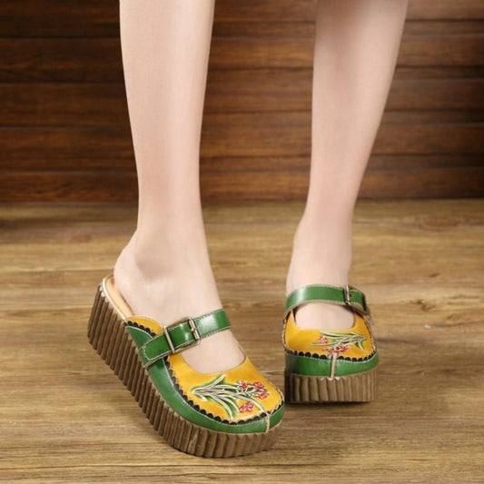 Johnature Ethnic Style Genuine Leather Platform Slippers Hand-painted Outside Wedges Slides Retro Women Shoes