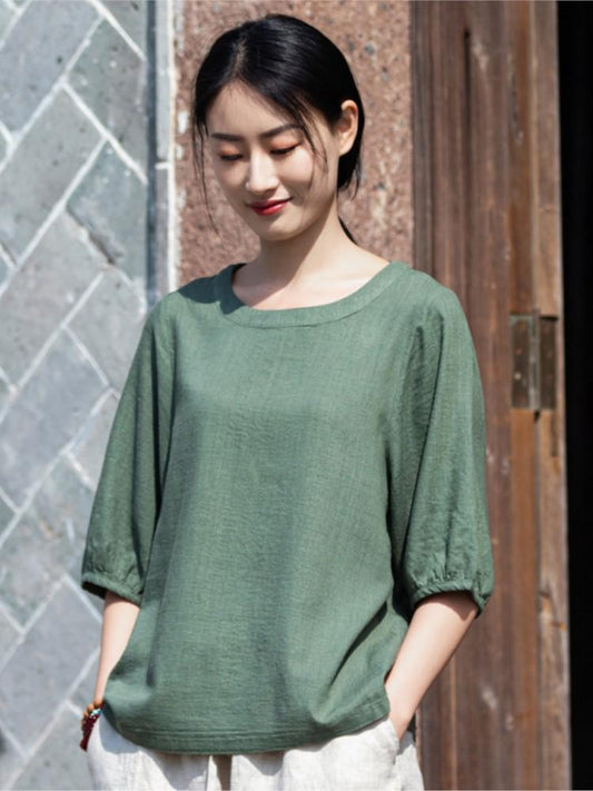 Johnature Women Solid Color Linen TShirts Tops Summer Casual Clothes Female Half Sleeve Tshirts Tees