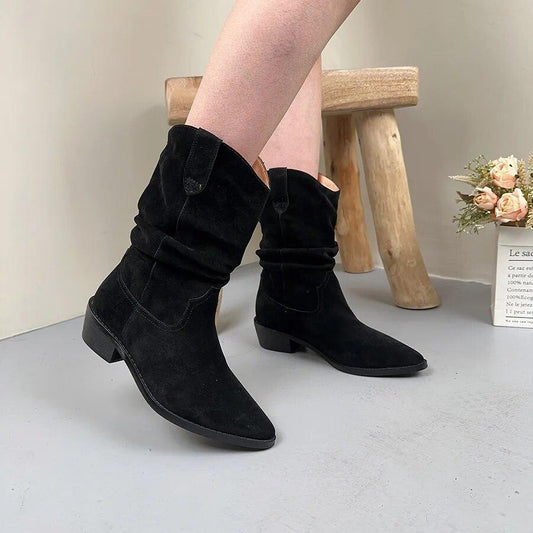 Johnature Solid Color Genuine Leather Pointed Mid-calf Boots Women Low Heels Versatile Boots