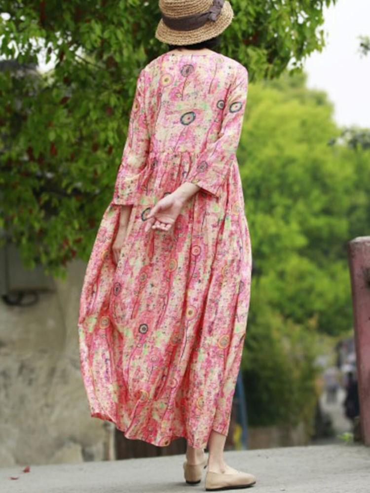 Johnature Spring Summer Comfortable Retro Plate Buckle Floral Print Pockets Dresses Simple Fashion Women Dress