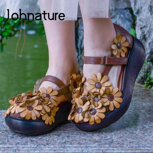 Johnature High Heels Sandals Women Shoes Wedges Genuine Leather Buckle Strap Casual Flower Sandals
