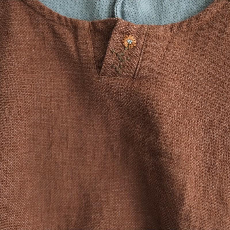Johnature Women Vintage Linen Tees Loose Bat Sleeve Spring Tshirts Embroidery Women T-Shirts