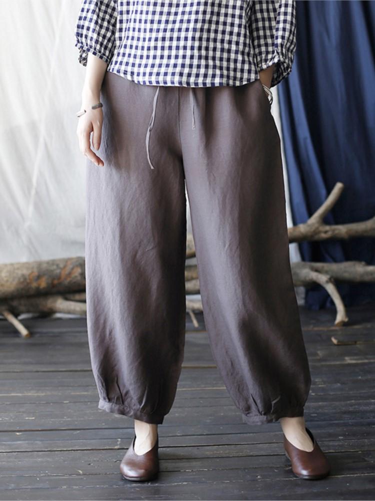 Johnature Women Casual Linen Straight Pants Solid Color Spring Trouser Loose Pockets Belt Women Clothes Vintage Pants