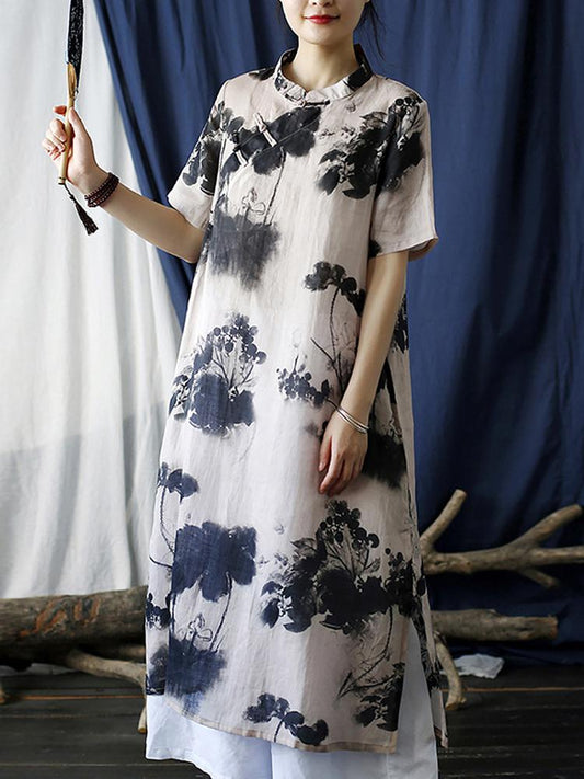 Johnature Women Chinese Style Dress Ink Painting Print Stand Short Sleeve Cheongsam Summer Linen Vintage Dress