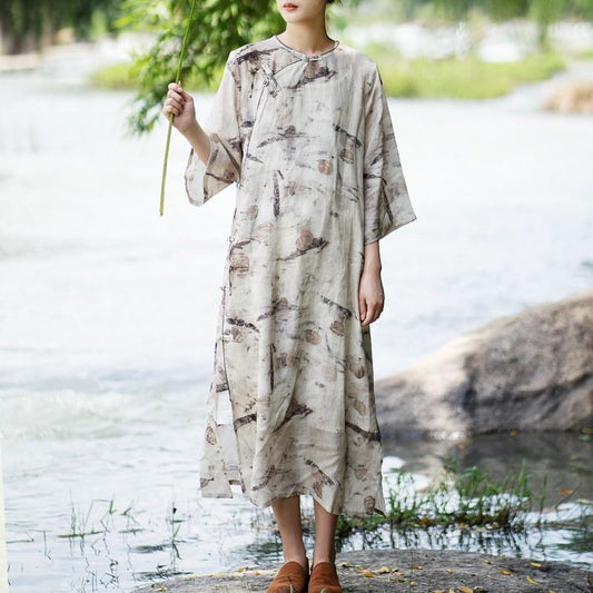Johnature Aunutu Summer Woman Linen Hemp Buckle Chinese Style Cheongsam Flared Sleeves Loose O-Neck Print Dress